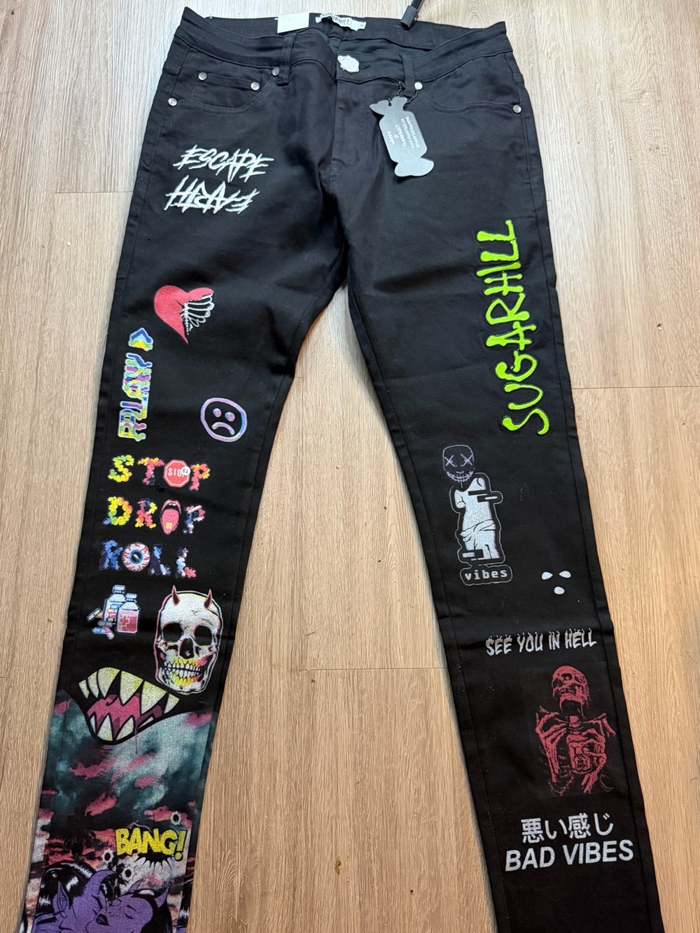 Sugarhill “Escape Heaven” Graphic Jeans Black Size 36 NWT Streetwear Y2K